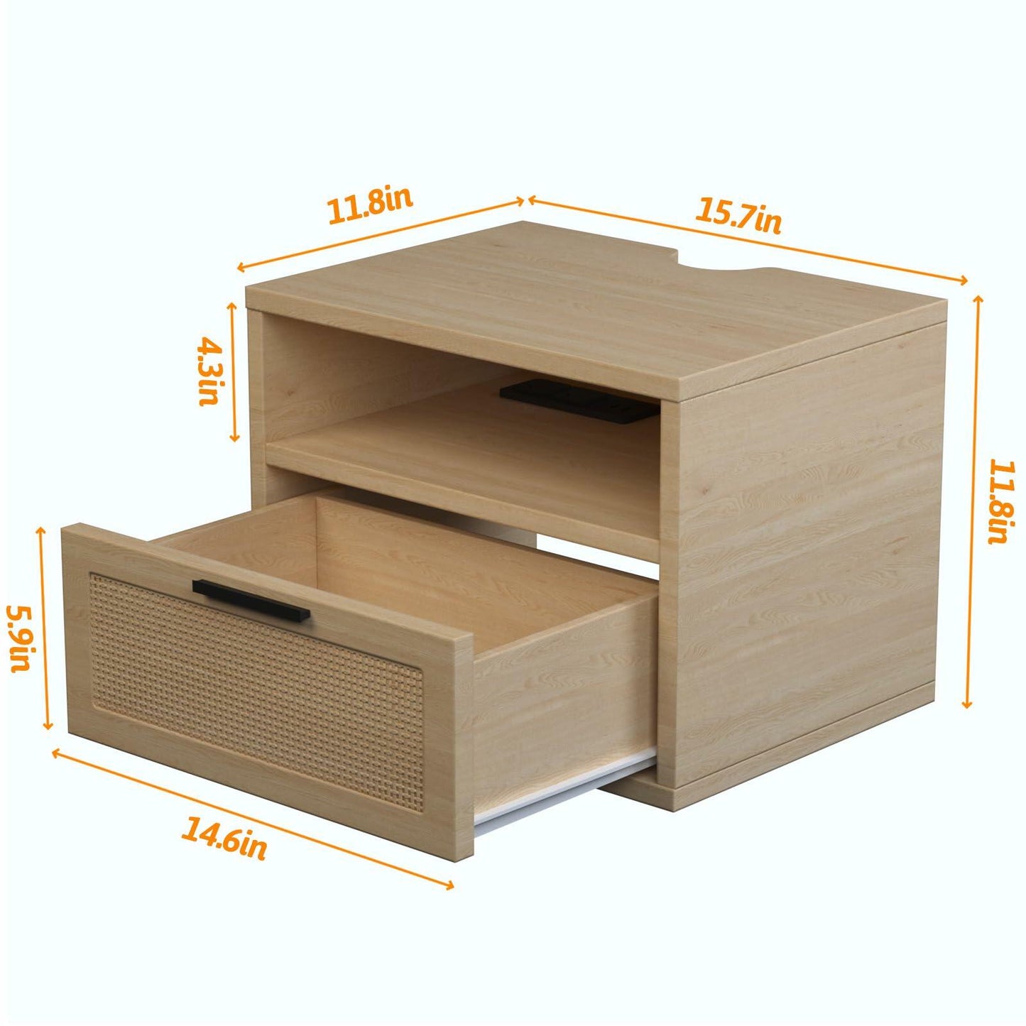 Floating nightstand Set of 2 with USB Ports, outlets, and led Light Strip – Modern Wall-Mounted nightstands with Oak and Rattan Design (Floating nightstand Set of 2)