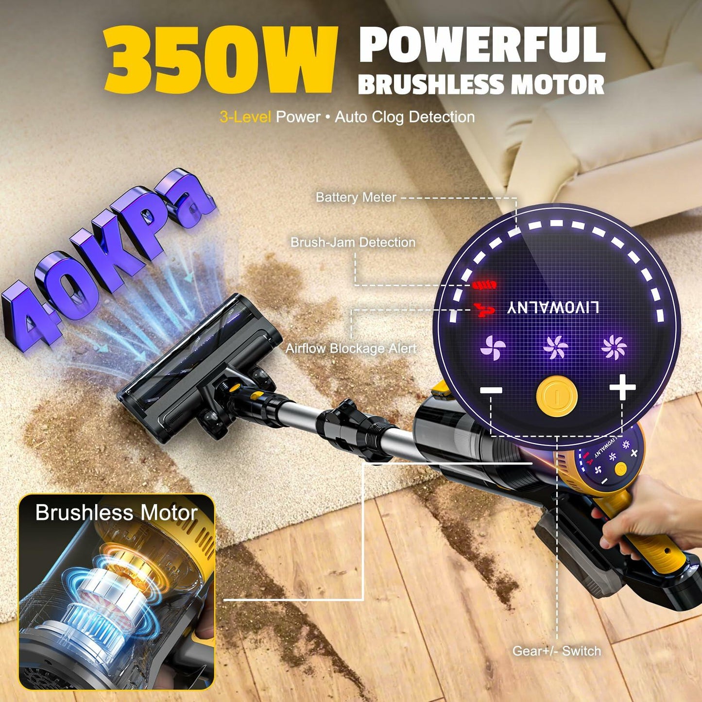 LIVOWALNY Cordless Vacuum Cleaner Compatible with DeWalt 20V Battery, 350W Brushless 40kPa, 180° Flex Wand, 0.8L Double Dust Cup, LED Floor Brush for Hardwood & Carpet (Battery Not Included)