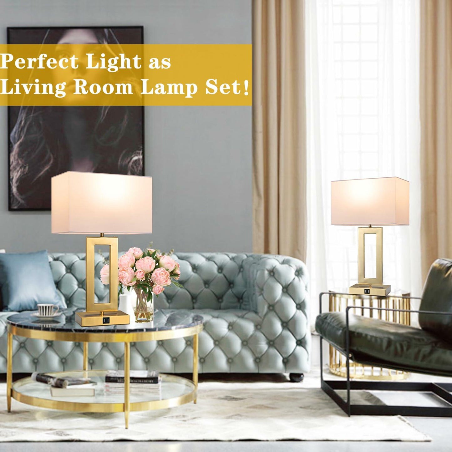 22’’ Set of 2 Touch Control Table Lamps w. 2 USB Ports, 3-Way Dimmable Bedroom Bedside Nightstand, Modern Gold&White Touch Lamps for Living Room End Table, LED Bulbs Included