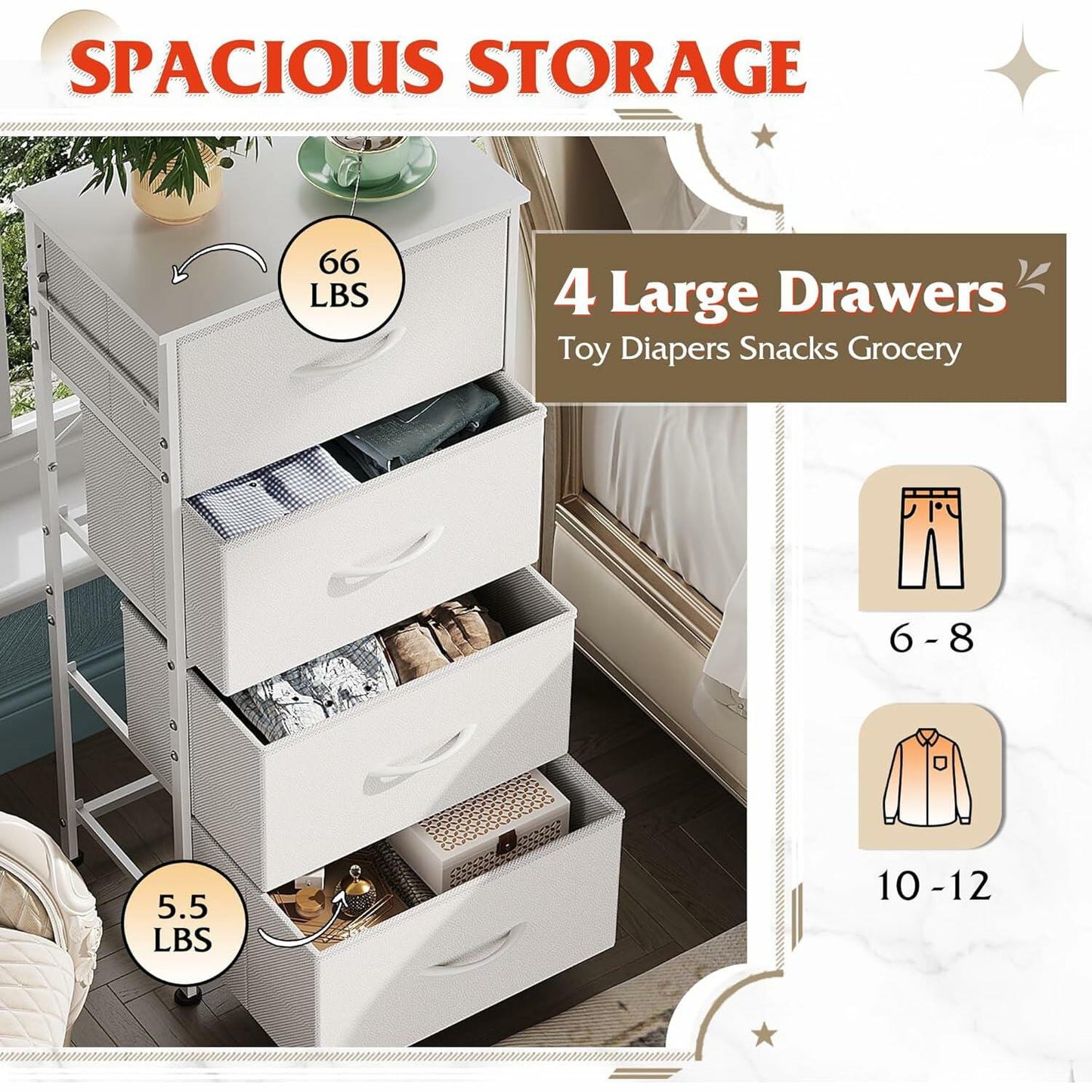WLIVE Dresser with 4 Drawers, Storage Tower, Organizer Unit, Fabric Dresser for Bedroom, Hallway, Entryway, Closets, Sturdy Steel Frame, Wood Top, Easy Pull Handle, White