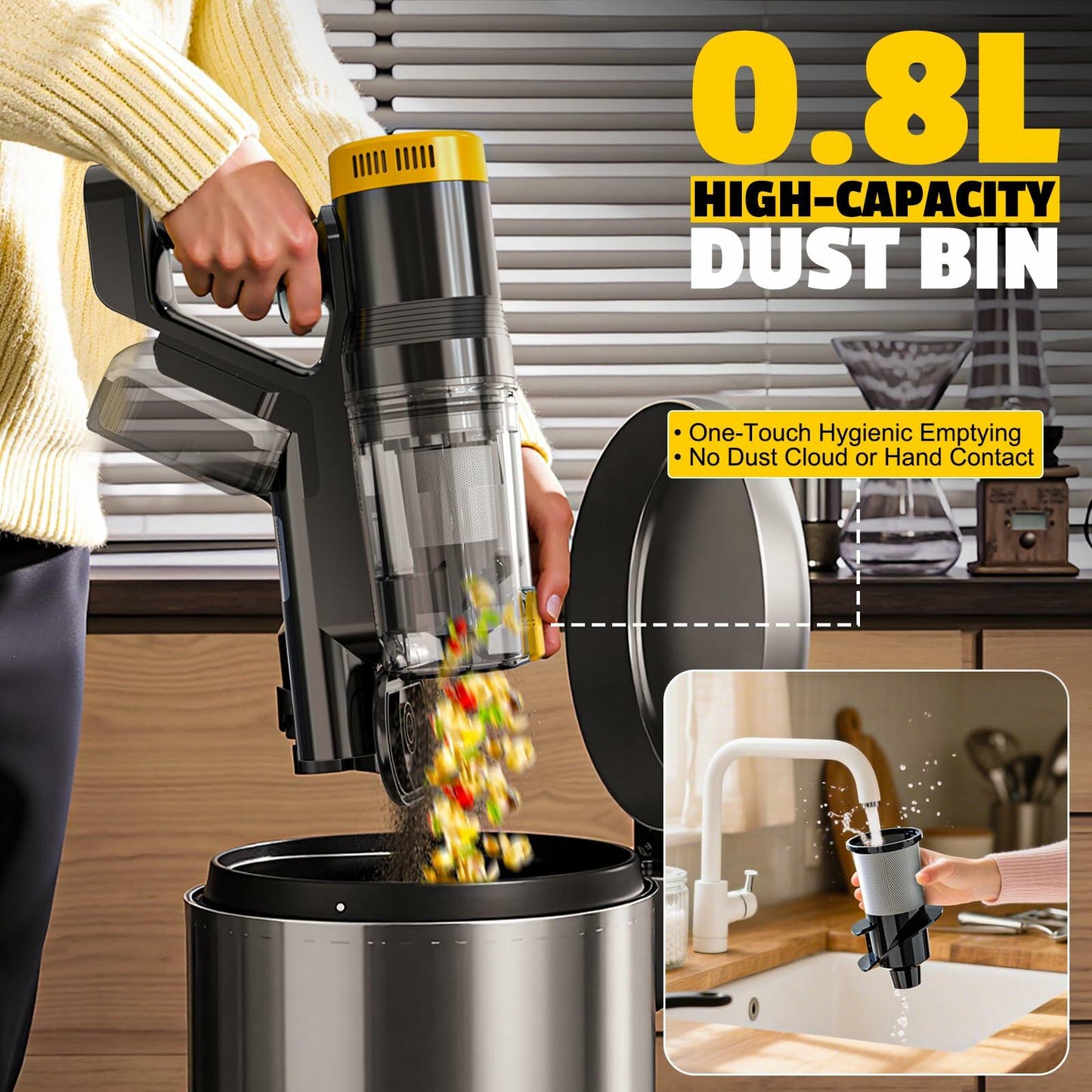 LIVOWALNY Cordless Vacuum Cleaner Compatible with DeWalt 20V Battery, 350W Brushless 40kPa, 180° Flex Wand, 0.8L Double Dust Cup, LED Floor Brush for Hardwood & Carpet (Battery Not Included)