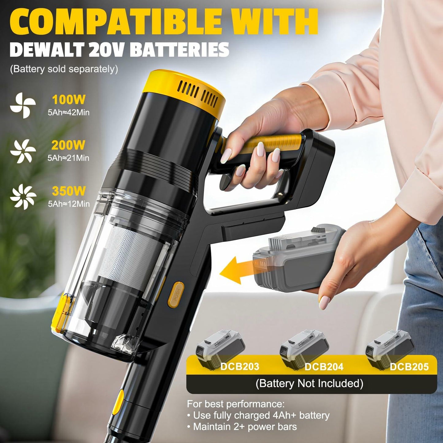 LIVOWALNY Cordless Vacuum Cleaner Compatible with DeWalt 20V Battery, 350W Brushless 40kPa, 180° Flex Wand, 0.8L Double Dust Cup, LED Floor Brush for Hardwood & Carpet (Battery Not Included)
