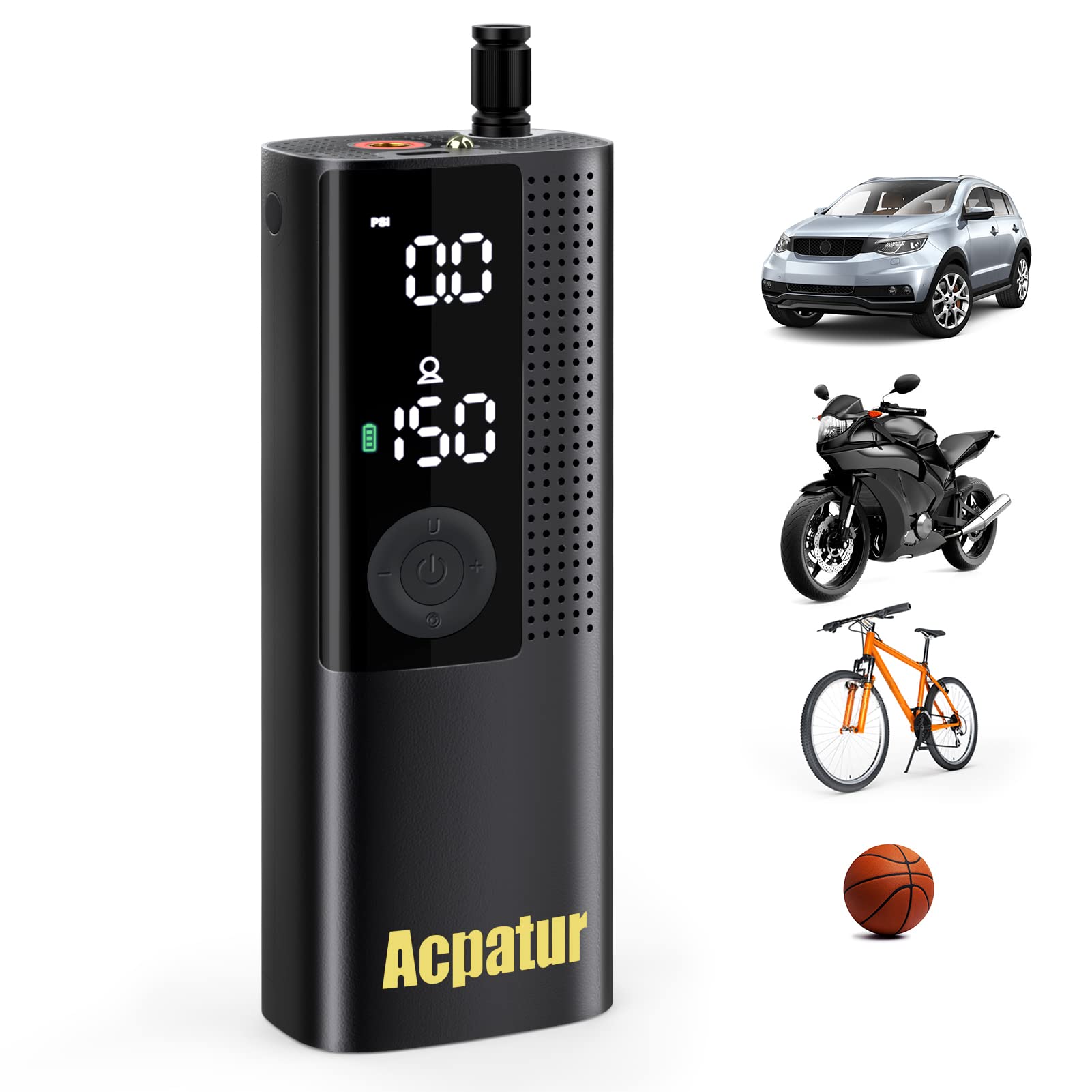 Acpatur Portable Air Compressor Tire Inflator, 150 PSI & Cordless Easy Operation, Accurate LCD Screen-Air Pump For Cars,Bikes, Motorcycles, Balls, Not Suitable For Trucks