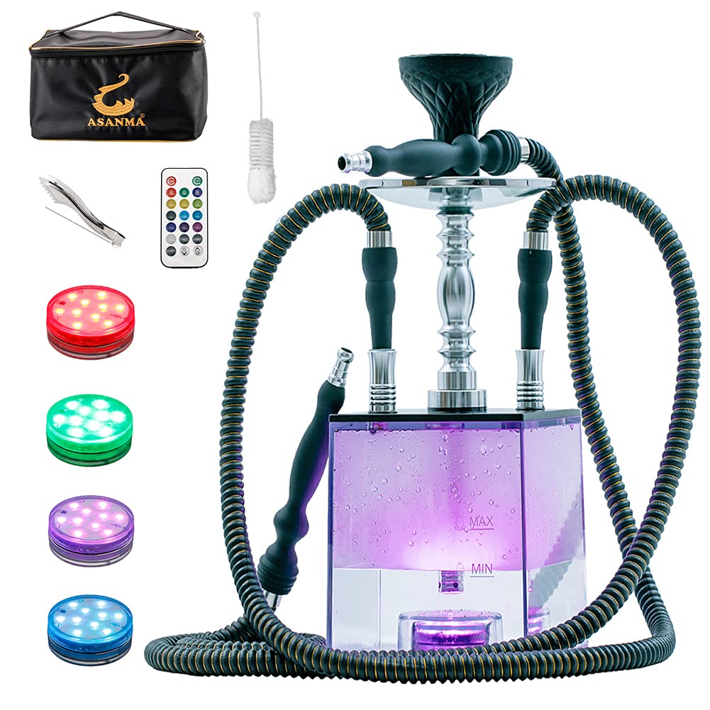 2 Hose Hookah Set with Travel Case Cleaning Brush, ASANMA Micro Cube Acrylic Hookah with Silicone Bowl Coal Tongs Magical Remote LED Light for Better Shisha Narguile Smoking