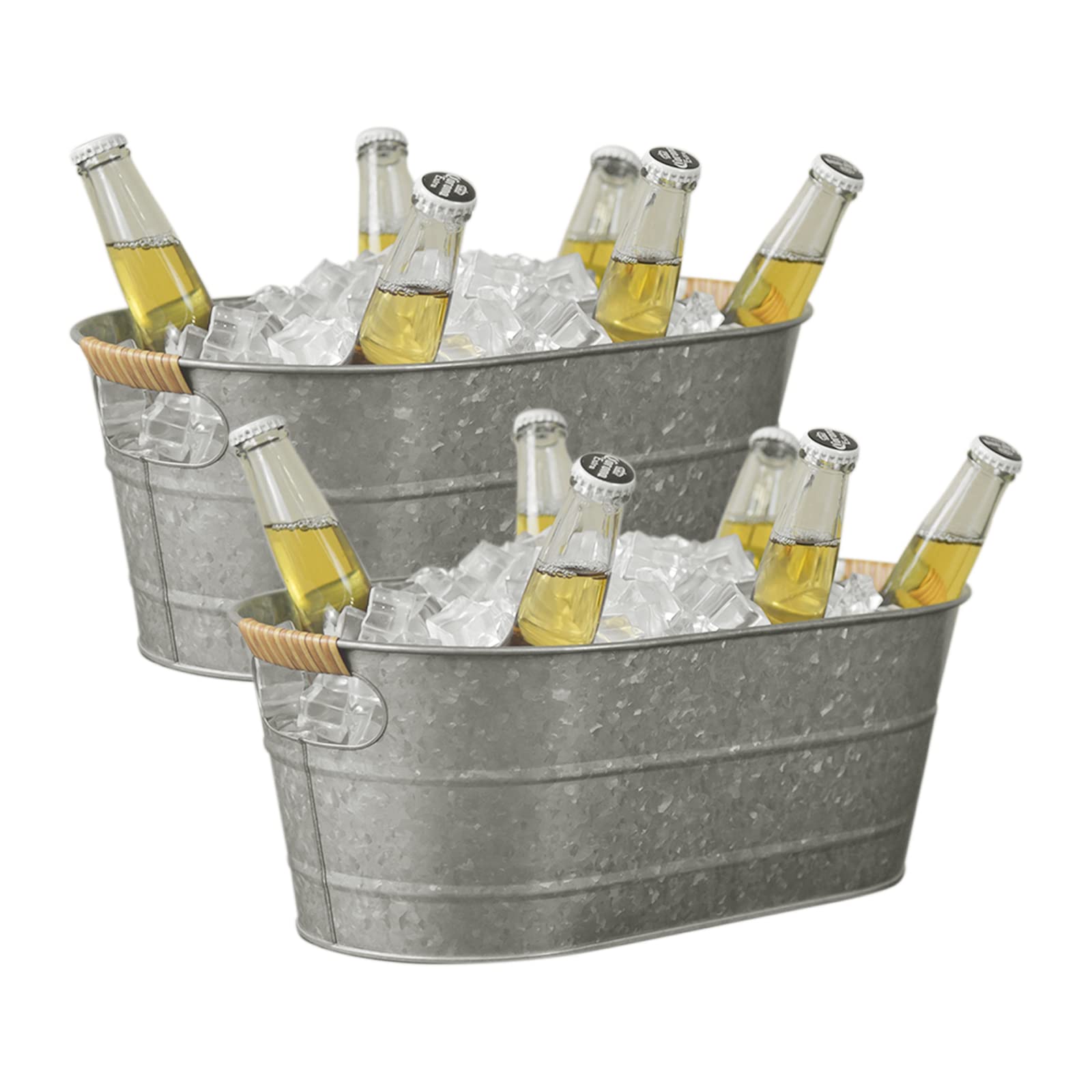2 Pack Farmhouse Metal Galvanized Beverage Tub, Beer, Wine, Ice Holder - Ice Buckets for Parties,1.45 Gallons Rustic Vintage Storage Oval Bucket Bin - Galvanized/Cutout Handle with PE Rattan