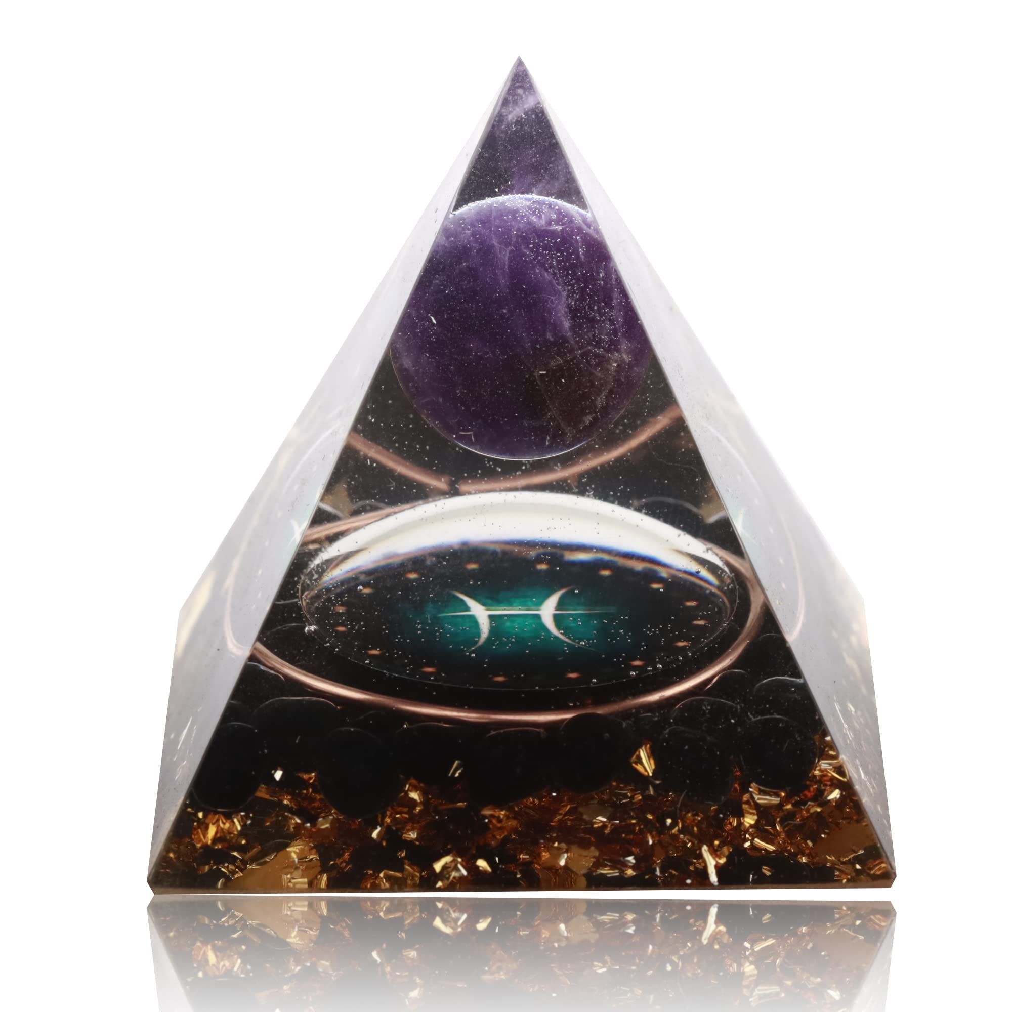 12 Zodiac Orgone Crystal Pyramid, Natural Amethyst with Obsidian,Healing Crystals Pyramid for Protection Chakra, Unique Constellation Pyramid for Positive Energy, Healing Money Health(Pisces)