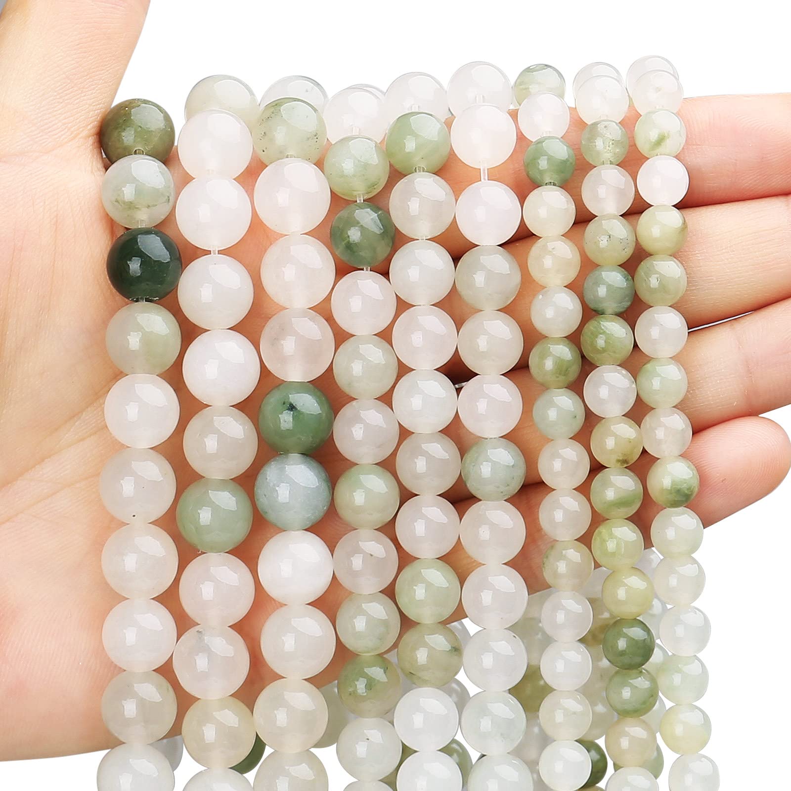 10mm Polished Smooth Iceberg Jade, Natural Gemstone Beads Round Semi Precious Loose Stones Energy Healing Crystals with Free Stretch Cord for Jewelry Making, DIY Bracelet Necklace
