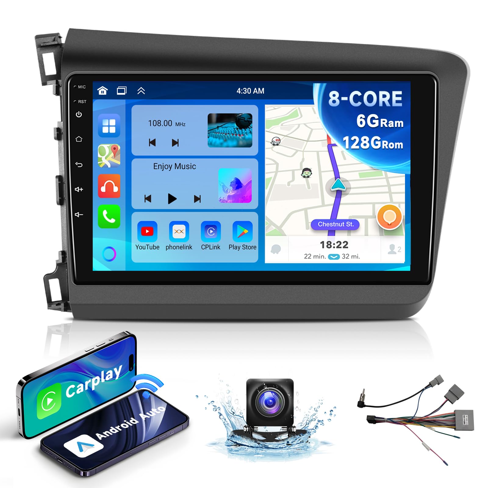 8-core 6G+128G Car Radio for Honda Civic 2012 2013 2014 2015, Wireless Apple Carplay Android Auto Car Stereo, 9" IPS Touchscreen with WiFi, GPS, Bluetooth,FM/RDS, 32EQ DSP, Rear Camera