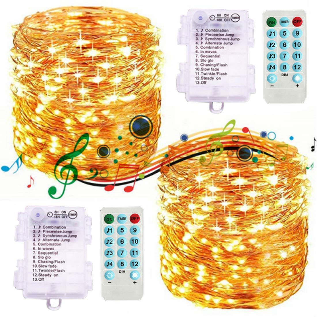 2 Pack Sound Activated Music String Lights,32.8ft 100LEDs 12 Modes Waterproof Copper Wire AA Battery Powered Remote Control String Lights Warm White for Bars,Parties,Christmas,Wedding Dance.