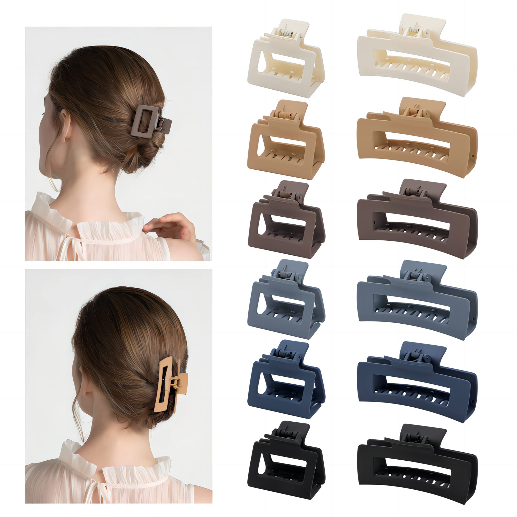 12 Pack Hair Clips，Large Rectangle For Women(4in），Medium Square Claw for Thin Hair（2in），Matte claw Thick Hair, Neutral Colors and Strong Hold Jaw clips.