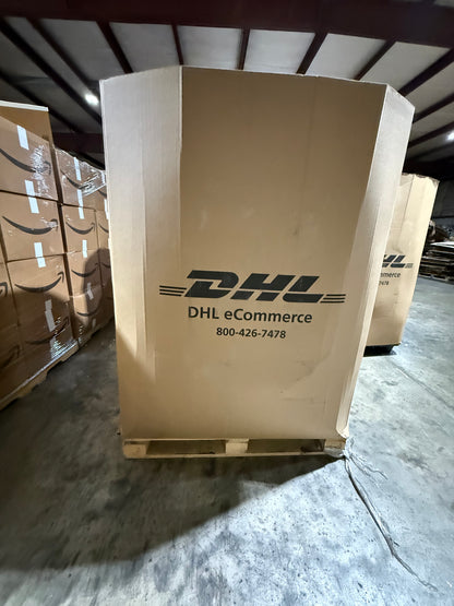 Large cardboard box with DHL logo in a warehouse setting