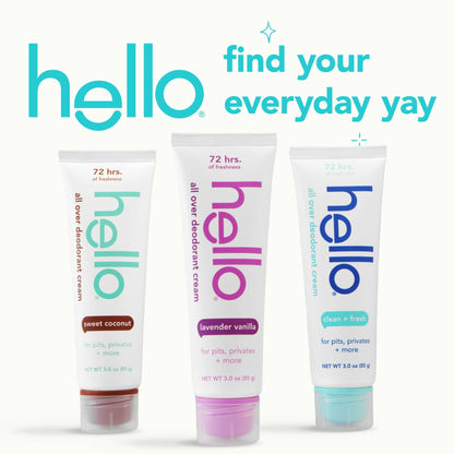 hello All Over Sweet Coconut Deodorant Cream, Aluminum Free Deodorant Cream for Pits, Privates + More, Offers 72 Hours of Freshness, Safe for Sensitive Skin, Vegan, 1 Pack, 3 Oz Tube