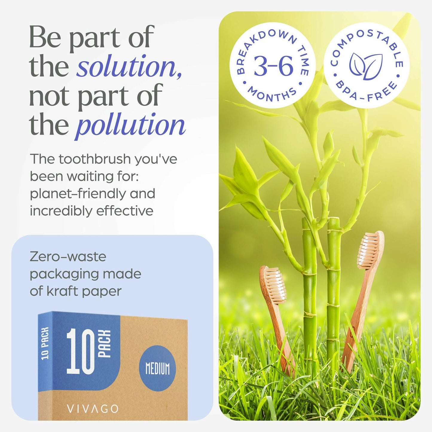 VIVAGO Bamboo Toothbrushes Medium Bristles 10 Pack - BPA Free Medium Bristles Toothbrushes for Adults - Eco-Friendly, Natural Wooden Toothbrush