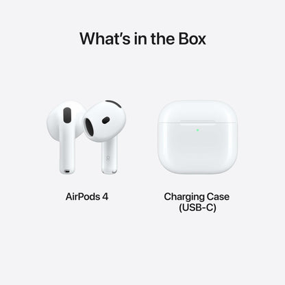 Apple AirPods 4 Wireless Earbuds, Bluetooth Headphones, Personalized Spatial Audio, Sweat and Water Resistant, USB-C Charging Case, H2 Chip, Up to 30 Hours of Battery Life, Effortless Setup for iPhone