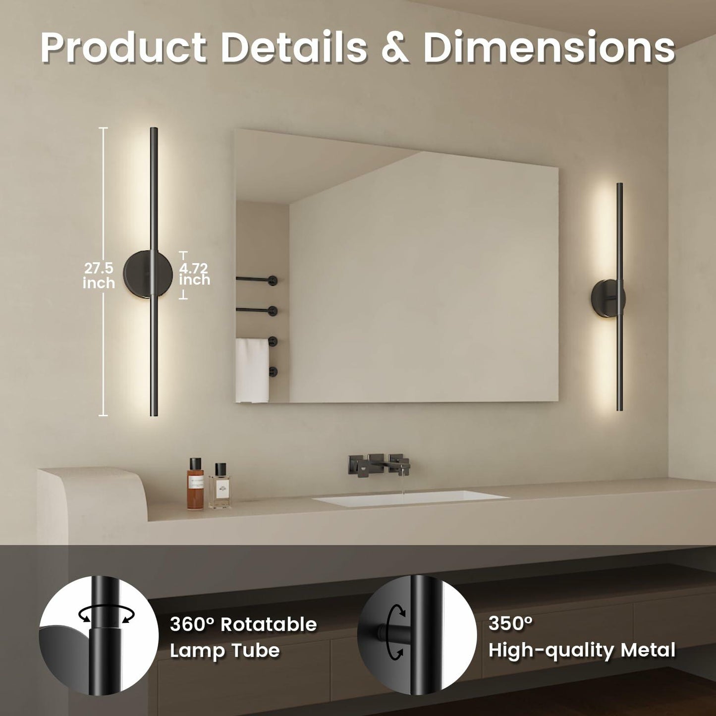 JOFIOS Battery Operated Wall Sconces Set of 2, 360°Rotation Wireless Rechargeable Wall Lights: Dimmable Detachable Wall Lamp with Remote Control, 3000K-6000K Infinite Dimming Wall Sconce 27.6 Inch