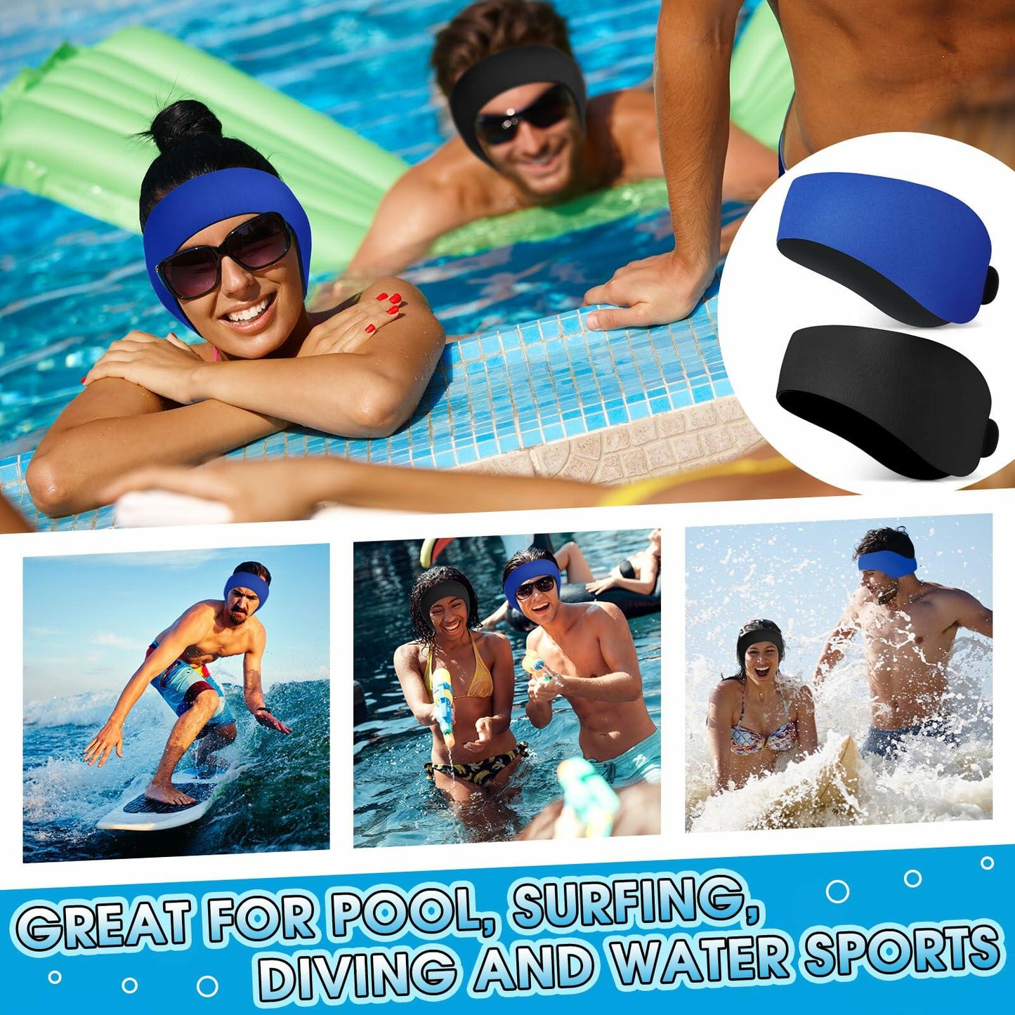 Lunmon 2 Pairs Swimming Headbands Adjustable Water Headbands for Adults Waterproof Safety Earplugs Swimming Earband Protectors for Pool, Surfing, Diving and Water Sports(Black,Navy Blue)