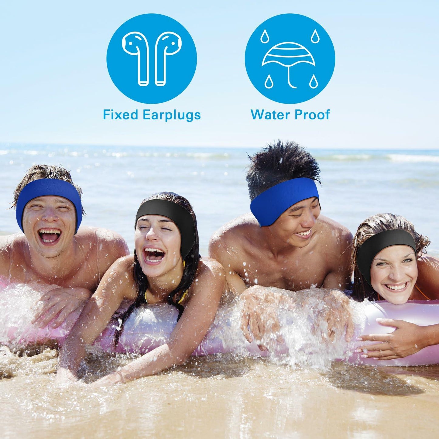Lunmon 2 Pairs Swimming Headbands Adjustable Water Headbands for Adults Waterproof Safety Earplugs Swimming Earband Protectors for Pool, Surfing, Diving and Water Sports(Black,Navy Blue)
