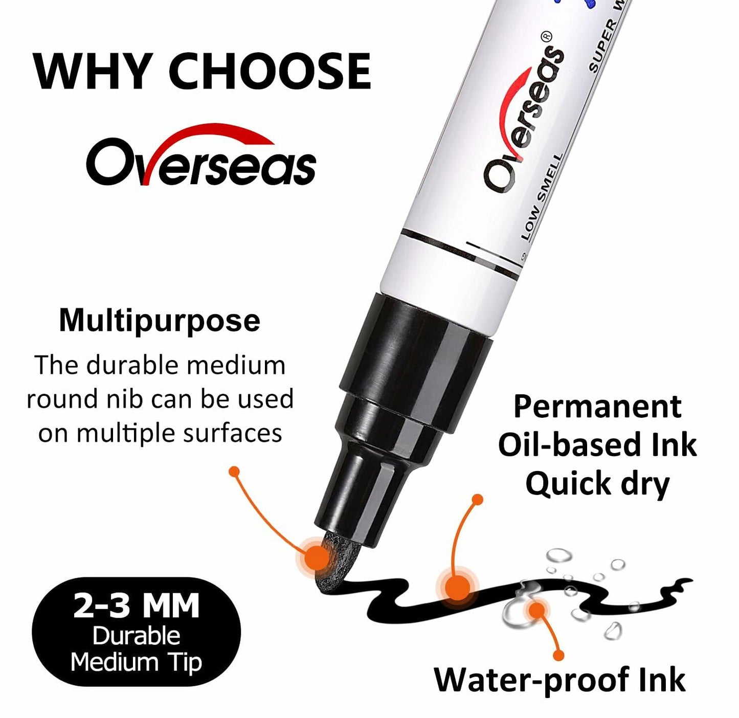 Overseas White Paint Pens Permanent Markers 24 Pcs, Oil Based Paint Markers Set, Quick Drying, Waterproof, Medium Tip Marker Pens for Metal, Rock, Wood, Plastic, Canvas, Glass, Stone, Rubber, Paper