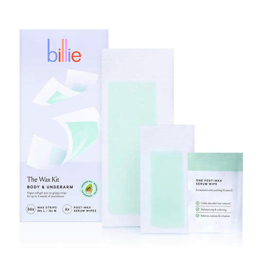 Billie Wax Kit - Body & Underarm - Easy & Convenient - No Heat - Made With Aloe & Avocado Oil - Vegan Soft-Gel - 36 wax strips - 6 post-wax serum wipes