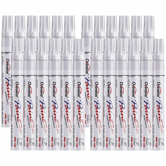 Overseas White Paint Pens Permanent Markers 24 Pcs, Oil Based Paint Markers Set, Quick Drying, Waterproof, Medium Tip Marker Pens for Metal, Rock, Wood, Plastic, Canvas, Glass, Stone, Rubber, Paper