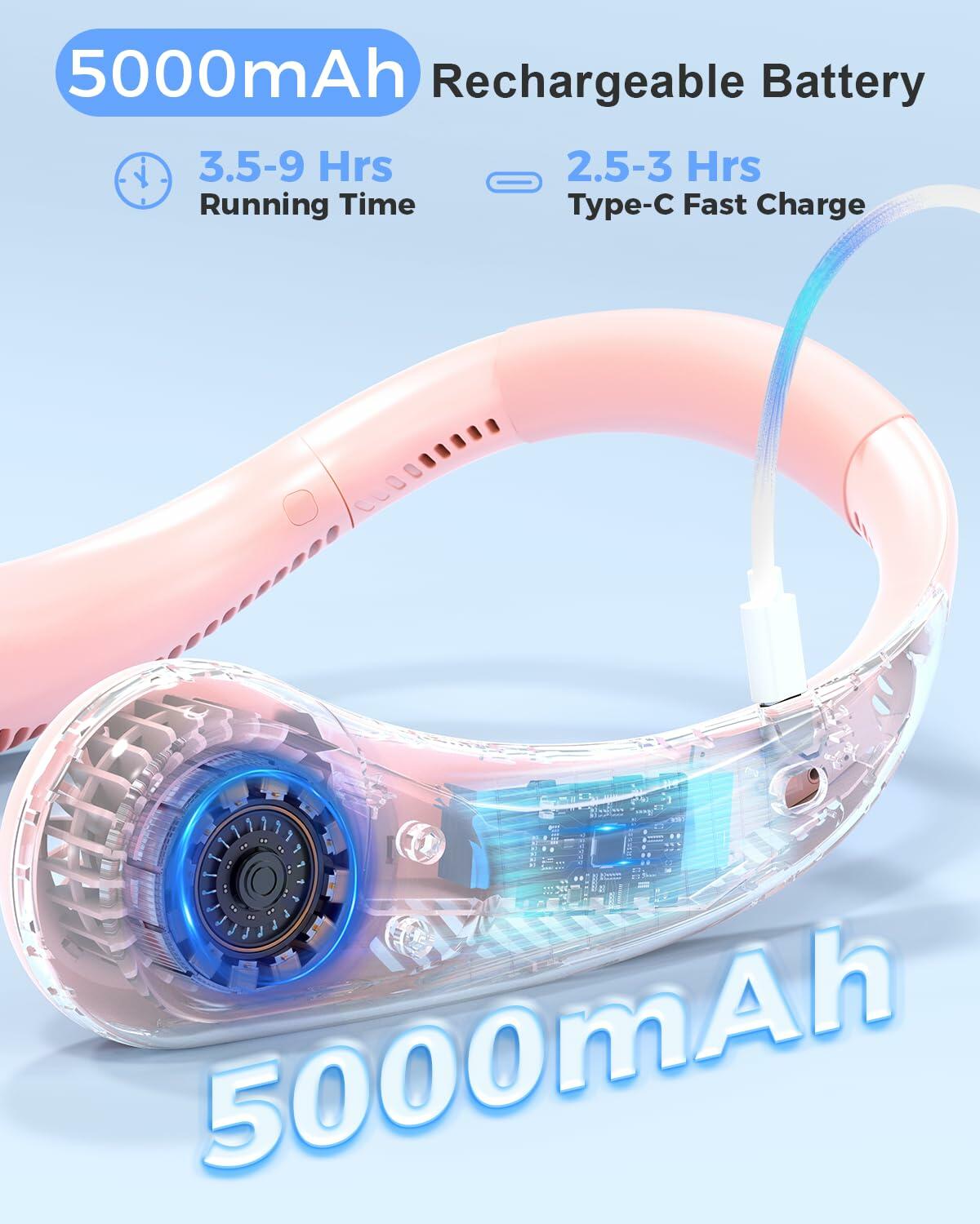 Portable Bladeless Neck Fan, 5000mAh Rechargeable Battery, 3 Speeds, Workout Essential, 360°Airflow, Twistable, Personal Wearable Neck Fan for Sports Outdoor Indoor, Gifts for Man Woman Family