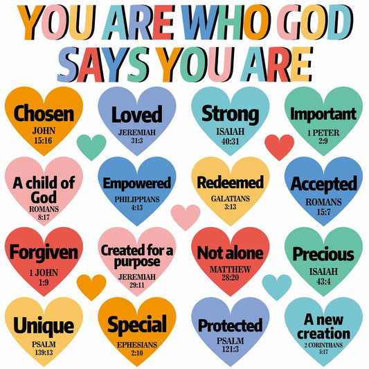 Qyeahkj Christian Bulletin Board Decorations God Says You Are Religious Classroom Wall Decor Motivational Colorful Heart Cutout Inspirational Bulletin Board Sets for Sunday School Home Church Supplies