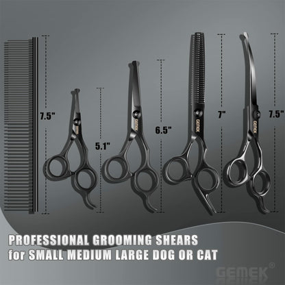 Dog Grooming Scissors Kit with Safety Round Tips, GEMEK Professional 6 in 1 Grooming Scissors for Dogs, Heavy Duty Titanium Coated Pet Grooming Scissor for Dogs, Cats and Other Animals (Black)