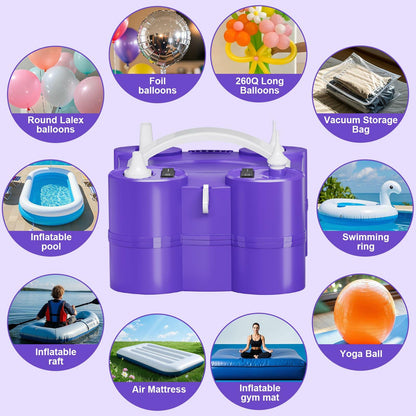 FLSEPAMB Electric Balloon Pump, 3-in-1 Portable Electric Air Balloon Blower Machine Balloon Pump 2 Motor Dual Nozzle Balloon Inflator for Latex 260Q Long Foil Balloons Swimming Rings Air Beds (Purple)