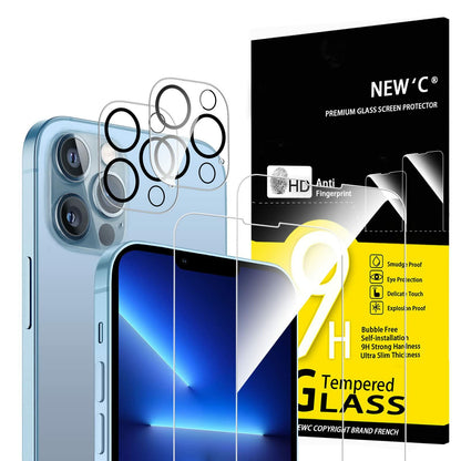 NEW'C 4 Pack, 2 Pack for iPhone 13 Pro Max Screen Protector + 2 Pack Camera Lens Protector, Sensor Protection,Case Friendly Tempered Glass Film