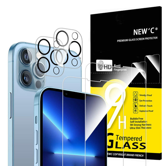 NEW'C 4 Pack, 2 Pack for iPhone 13 Pro Max Screen Protector + 2 Pack Camera Lens Protector, Sensor Protection,Case Friendly Tempered Glass Film