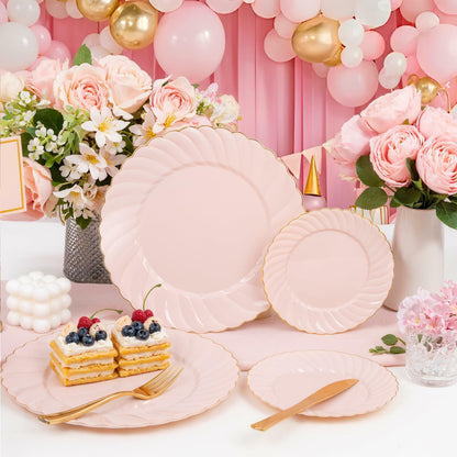 YOUBET 125Piece Pink Plastic Plates with Gold Rim – Scalloped Plastic Plates Set Includes 25 Dinner, 25 Dessert Plate, 75 Gold Silverware for 25Geusts for Wedding Birthday Parties & Baby Shower