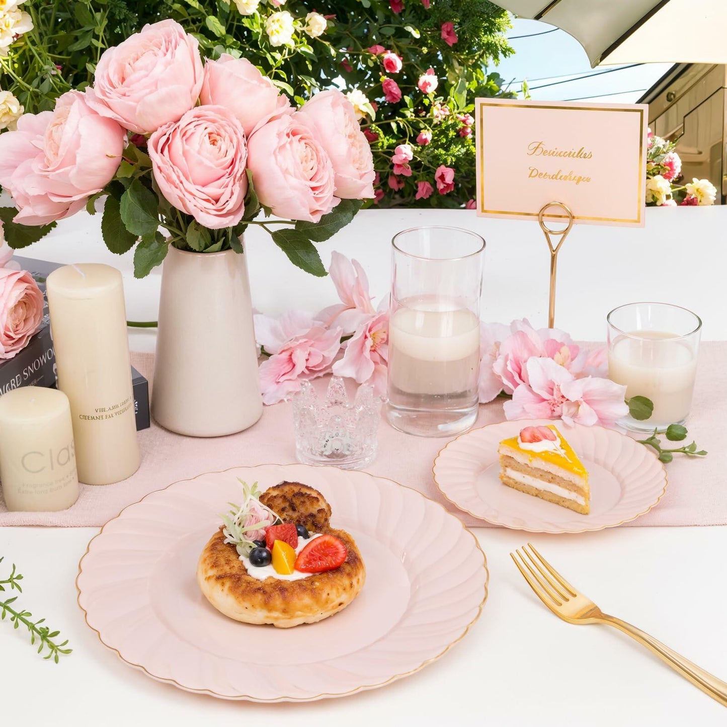 YOUBET 125Piece Pink Plastic Plates with Gold Rim – Scalloped Plastic Plates Set Includes 25 Dinner, 25 Dessert Plate, 75 Gold Silverware for 25Geusts for Wedding Birthday Parties & Baby Shower