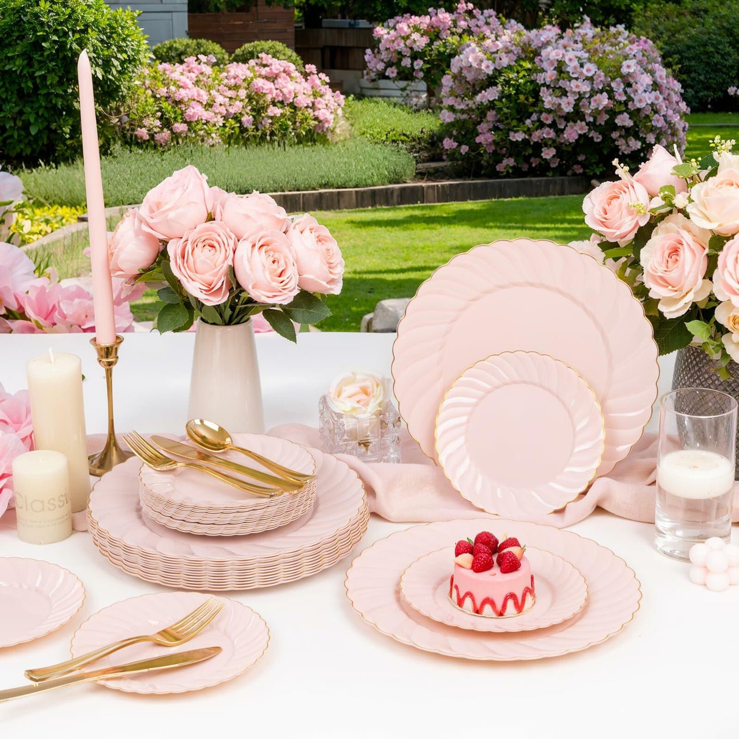 YOUBET 125Piece Pink Plastic Plates with Gold Rim – Scalloped Plastic Plates Set Includes 25 Dinner, 25 Dessert Plate, 75 Gold Silverware for 25Geusts for Wedding Birthday Parties & Baby Shower