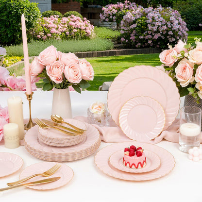YOUBET 125Piece Pink Plastic Plates with Gold Rim – Scalloped Plastic Plates Set Includes 25 Dinner, 25 Dessert Plate, 75 Gold Silverware for 25Geusts for Wedding Birthday Parties & Baby Shower