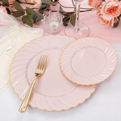 YOUBET 125Piece Pink Plastic Plates with Gold Rim – Scalloped Plastic Plates Set Includes 25 Dinner, 25 Dessert Plate, 75 Gold Silverware for 25Geusts for Wedding Birthday Parties & Baby Shower