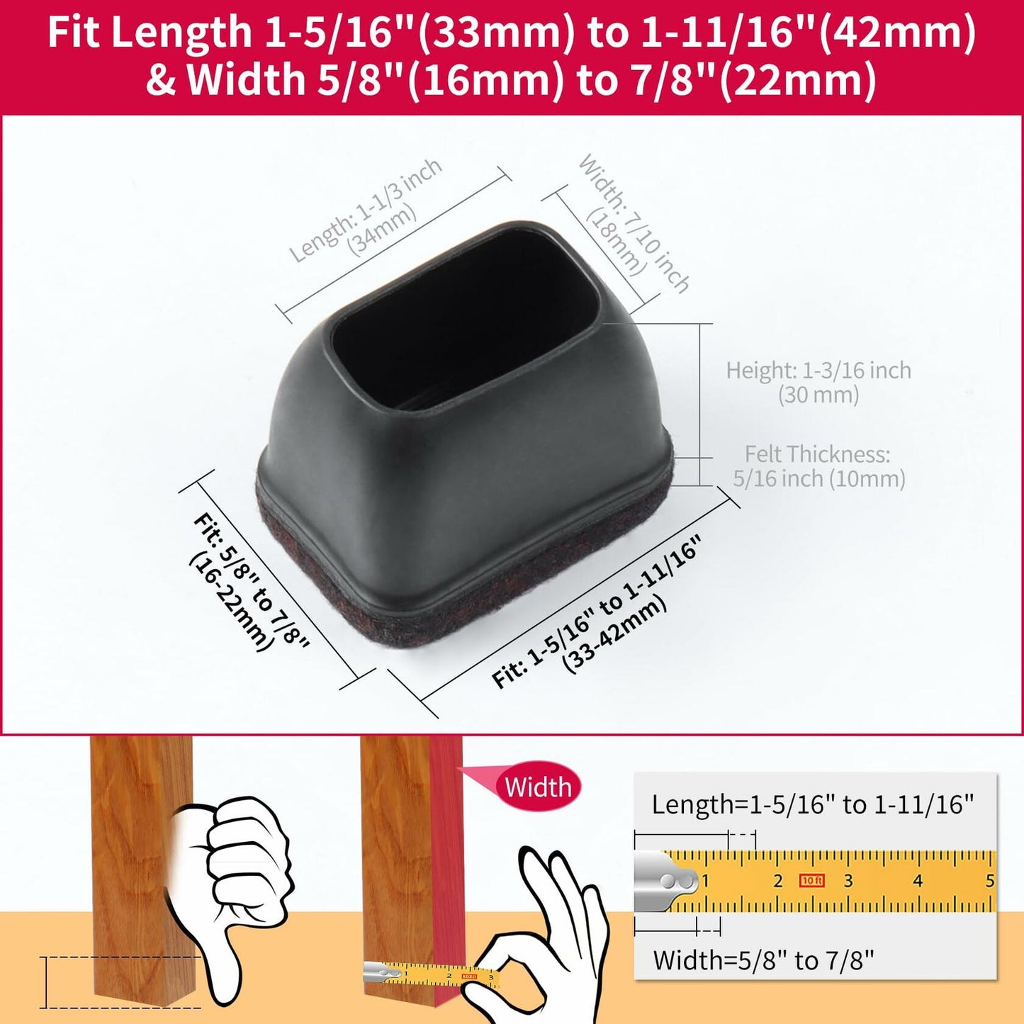 8PCS Rectangle Chair Leg Floor Protectors with Felt, Small Silicone Chair Leg Caps for Hardwood Floors, Black Outdoor Patio Flooring Protectors, Anti-Scratch, Fit Length 1.3"-1.7", Width 0.6"-0.9"