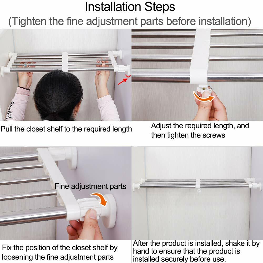 Hershii Closet Tension Shelf & Rod Expandable Metal Storage Rack Adjustable Organizer DIY Divider Separator for Cabinet Wardrobe Cupboard Kitchen Bathroom，15.74-23.62inches