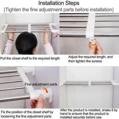 Hershii Closet Tension Shelf & Rod Expandable Metal Storage Rack Adjustable Organizer DIY Divider Separator for Cabinet Wardrobe Cupboard Kitchen Bathroom，15.74-23.62inches