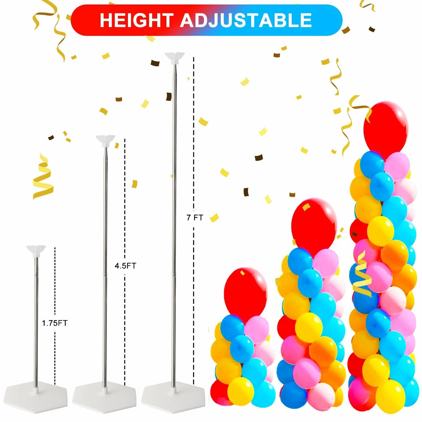 Balloon Stand Kit, Set of 2, 7 Feet Adjustable Balloon Column Stand for Floor, Reusable Metal Telescopic Balloon Stands for Floor with Base for Birthday, Wedding, Baby Shower, Graduation Party
