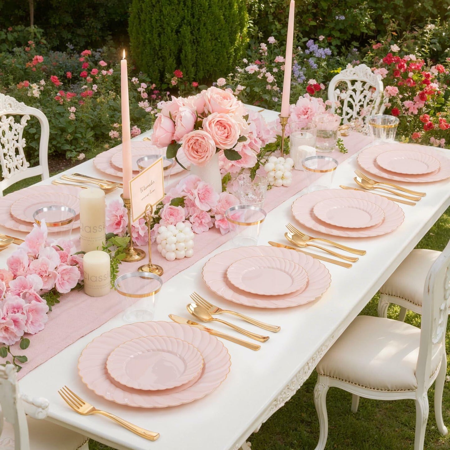 YOUBET 125Piece Pink Plastic Plates with Gold Rim – Scalloped Plastic Plates Set Includes 25 Dinner, 25 Dessert Plate, 75 Gold Silverware for 25Geusts for Wedding Birthday Parties & Baby Shower