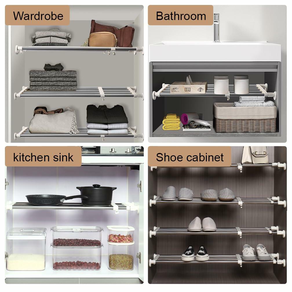 Hershii Closet Tension Shelf & Rod Expandable Metal Storage Rack Adjustable Organizer DIY Divider Separator for Cabinet Wardrobe Cupboard Kitchen Bathroom，15.74-23.62inches