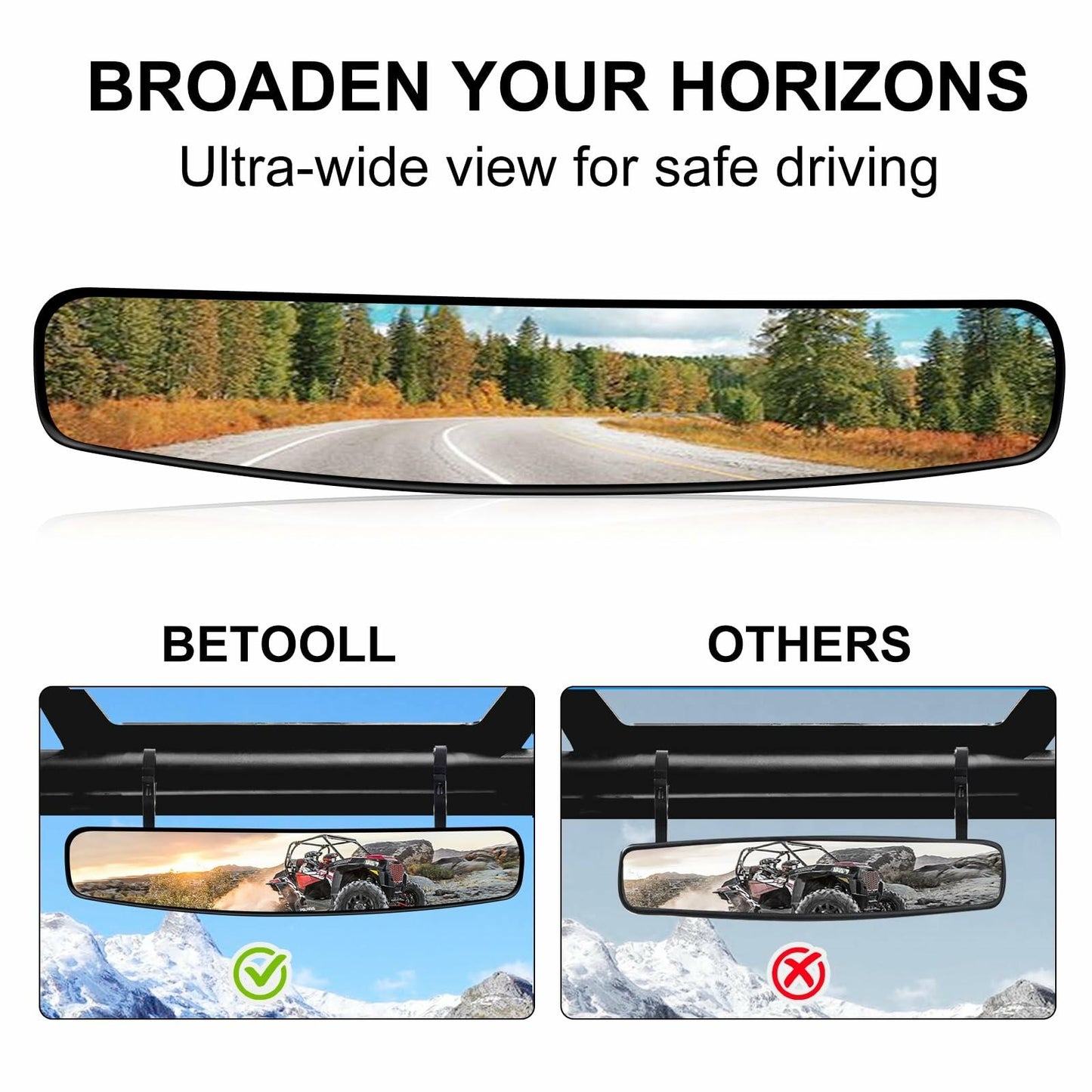 BETOOLL 16.5" Wide Rear View Race Mirror Convex Mirror with 1.75"-2” Clamp for UTV Compatible with Yamaha,Polaris,Kawasaki MULE