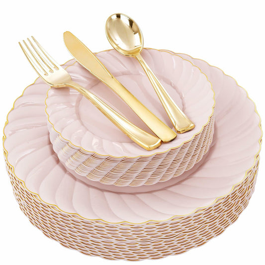 YOUBET 125Piece Pink Plastic Plates with Gold Rim – Scalloped Plastic Plates Set Includes 25 Dinner, 25 Dessert Plate, 75 Gold Silverware for 25Geusts for Wedding Birthday Parties & Baby Shower