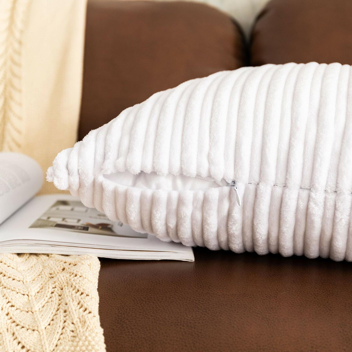 UGASA Corduroy Striped Soft Soild Decorative Square Throw Pillow Covers Set Cushion Cases Pillowcases for Sofa Bedroom, 2 Pcs, 24x24inch, Pure White