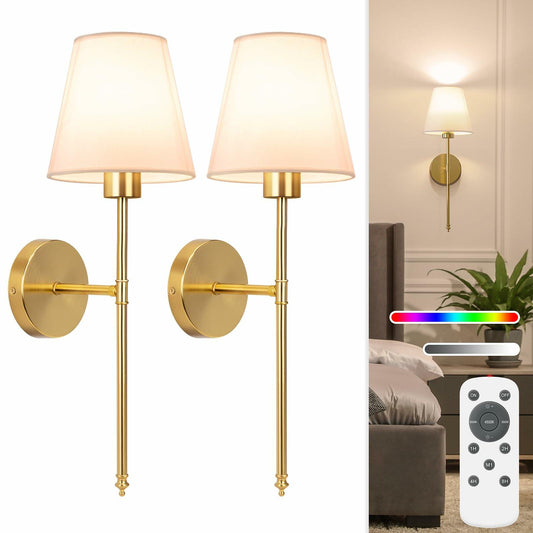 NIORSUN 19.9 inch Battery Operated Wall Sconce Set of 2,Gold Rechargeable Wall Lights with 5200mAh Dimmable Detachable Bulbs and Remote,10 Colors Wireless Sconces for Bedroom Living Room Hallway