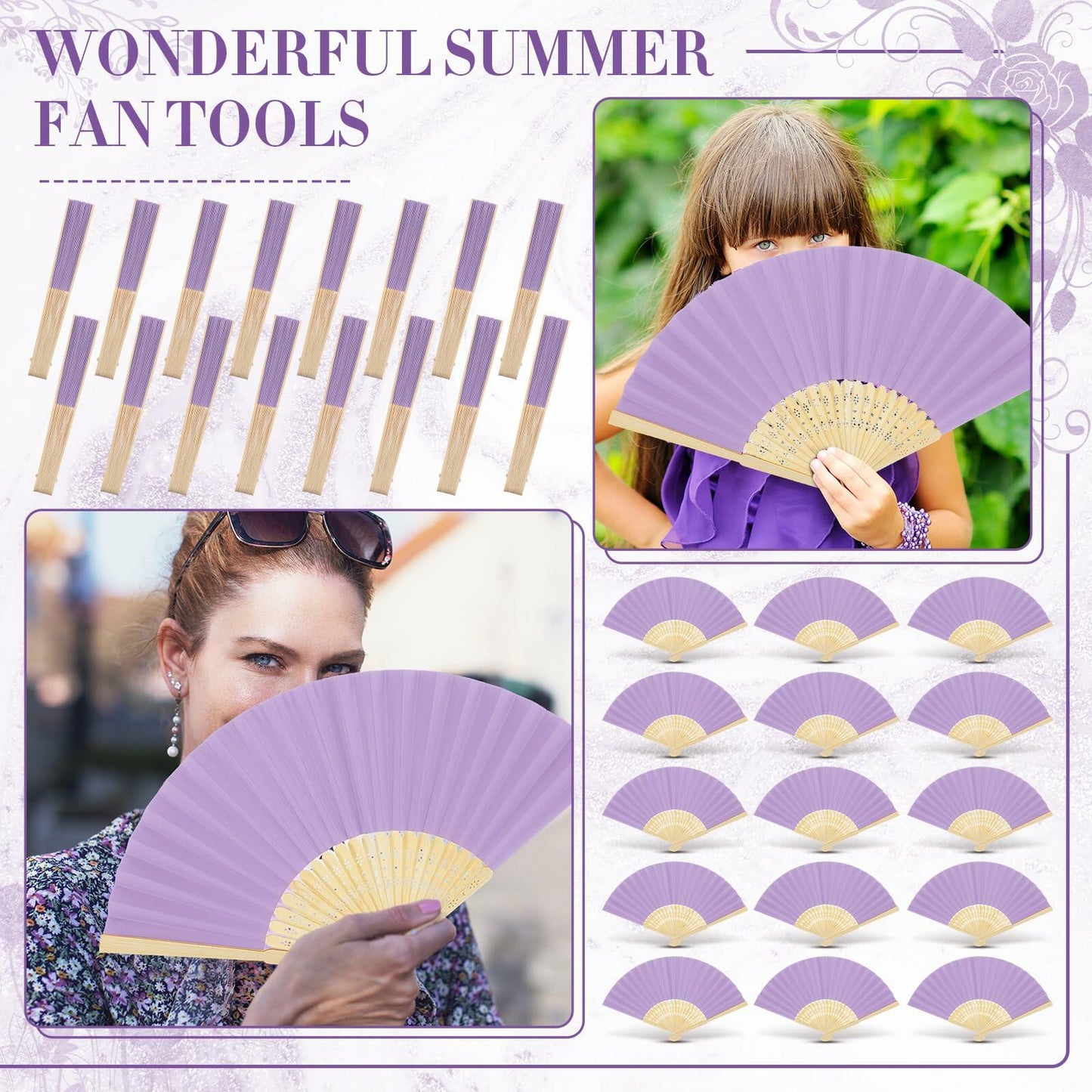 Yinkin 24 Pack Folding Fans Bamboo Handheld Folded Craft Hand Japanese Chinese Fans for Weddings Bridal Dancing Church DIY Decoration Women Kids Gift Party Favors (Light Purple)
