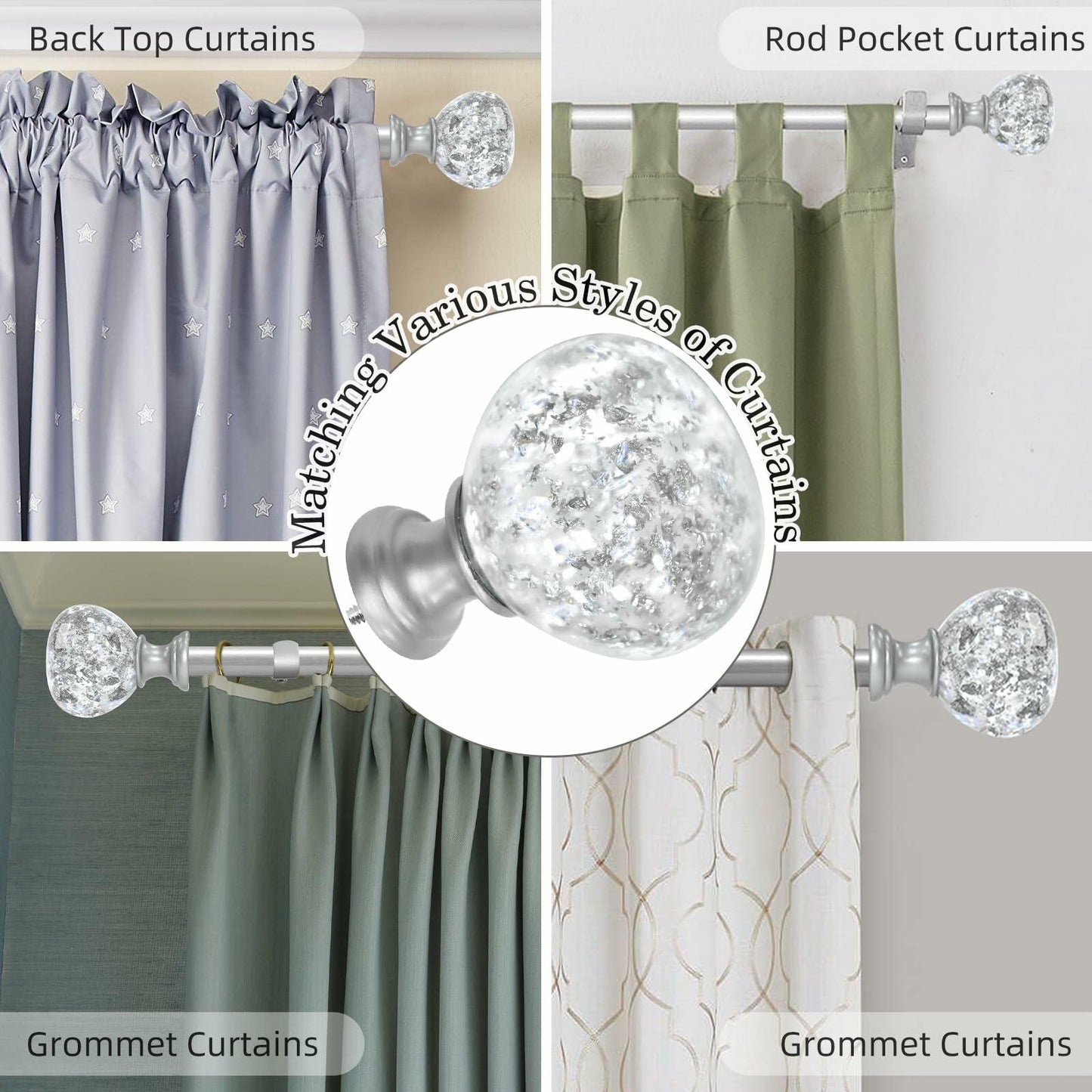Silver Double Curtain Rod for Windows 28 to 48 Inch: Double Window Treatment Curtain Rod Heavy Duty Adjustable from28 to 48 Inch - Silver Foil Resin Finials and Double Curtain Rod