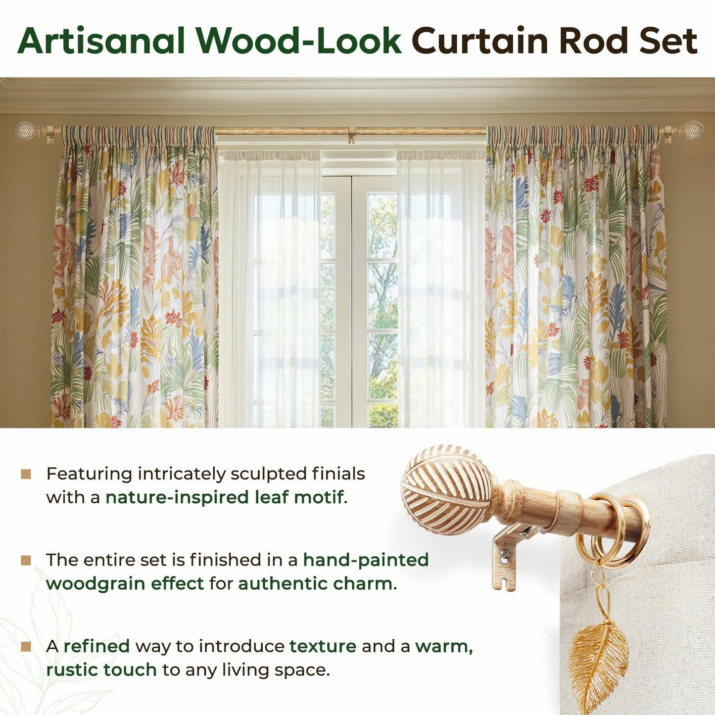 Zeerobee Wood Curtain Rods for Windows 66 to 120, 1 Inch Heavy Duty Drapery Rods with Imitation Wood Grain Leaf Pattern Finials, Indoor/Outdoor Modern Curtain Pole, 32"-120", Brown