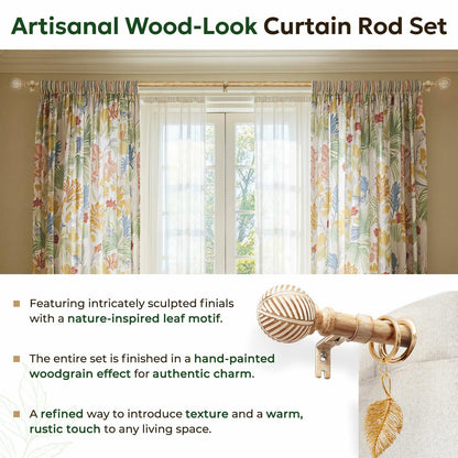 Zeerobee Wood Curtain Rods for Windows 66 to 120, 1 Inch Heavy Duty Drapery Rods with Imitation Wood Grain Leaf Pattern Finials, Indoor/Outdoor Modern Curtain Pole, 32"-120", Brown