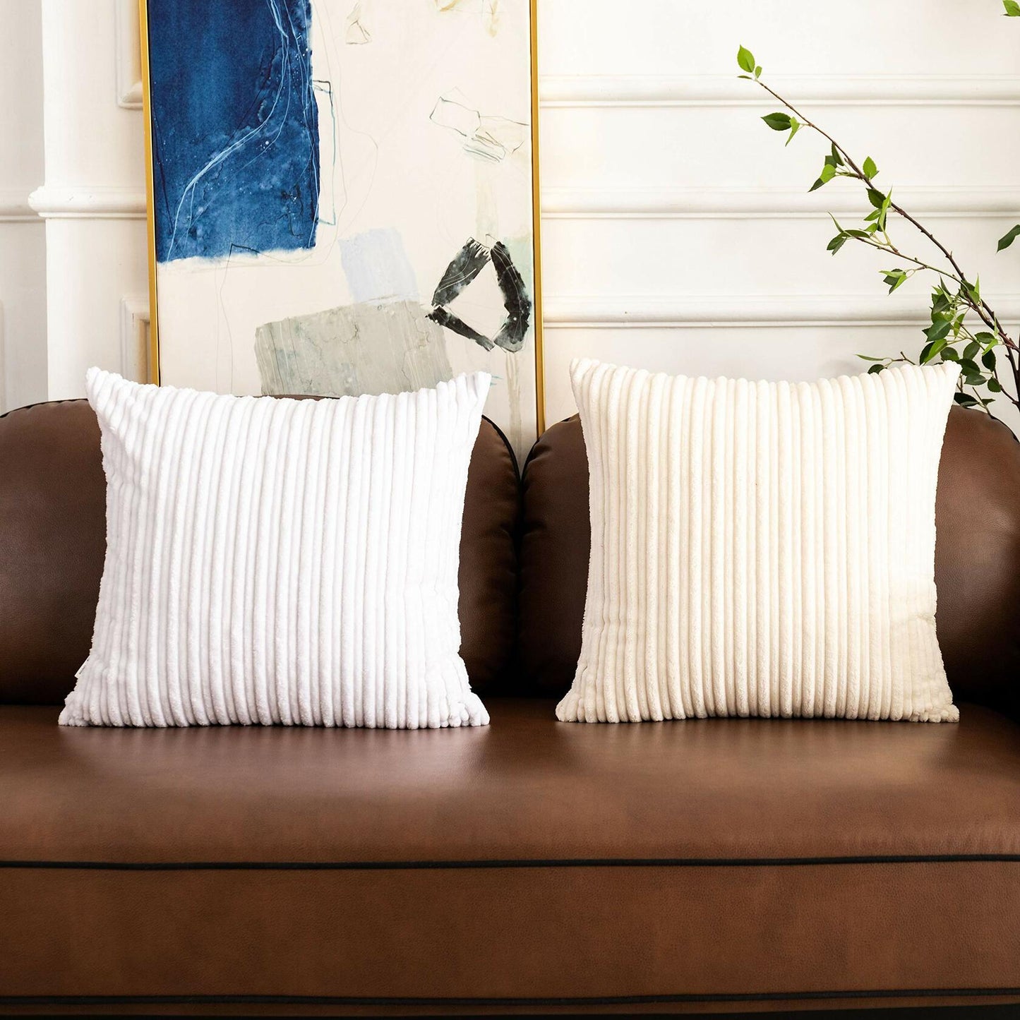 UGASA Corduroy Striped Soft Soild Decorative Square Throw Pillow Covers Set Cushion Cases Pillowcases for Sofa Bedroom, 2 Pcs, 24x24inch, Pure White